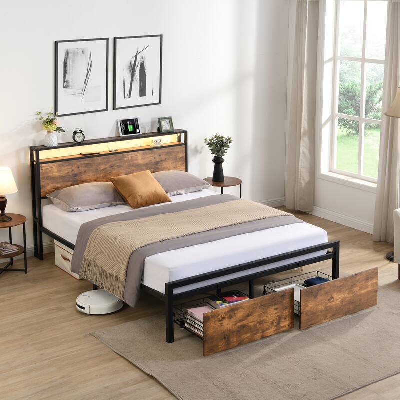 Metal Platform Bed Frame with 2Drawers & Charging Station-Queen, Brown - Brown - Queen