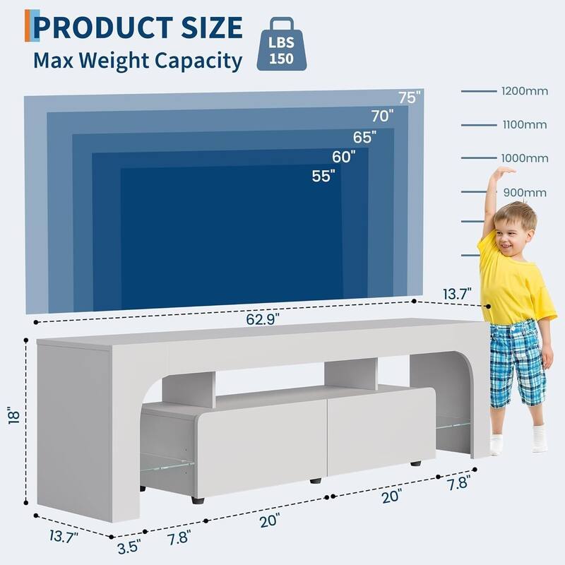 TV Stand with LED Lights, with 2 Drawer & Open Shelf