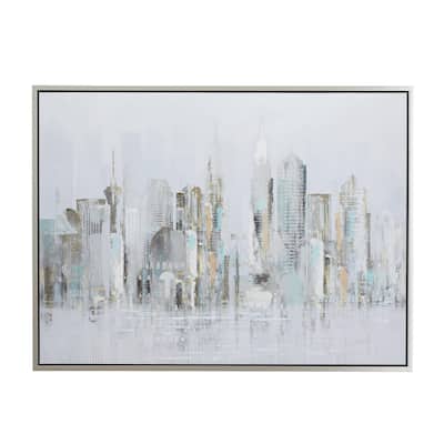 Canvas City Buildings Living Room Framed Wall Art with Silver Frame - Gray - Roche River Decor