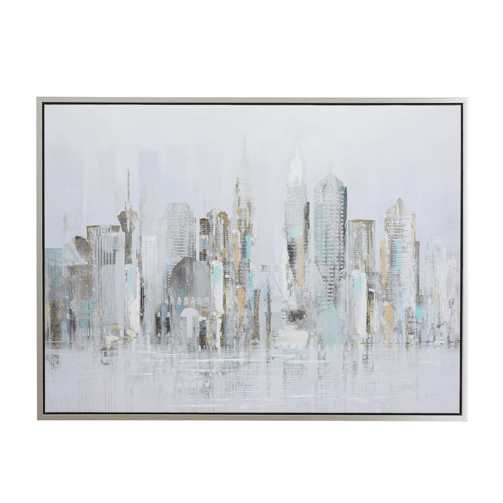 Canvas City Buildings Living Room Framed Wall Art with Silver Frame - Gray - Roche River Decor