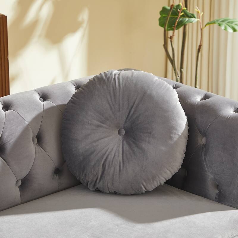 Chesterfield Sofa with Two Round Pillows, Featuring Copper Stud Detailing and Tufted Button Accents