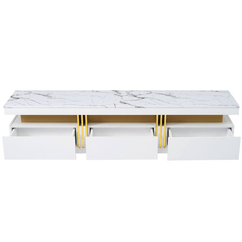TV Stand with Faux Marble Tabletop, Rectangle Entertainment Center, Media Console Table with 3 Drawers & Golden Panel Design