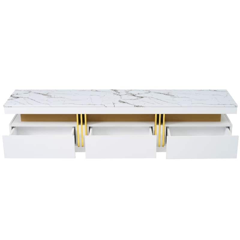 White TV Stand with High Gloss Faux Marble Top Media Console with Golden Panel Design with 3 Drawers for Livingroom