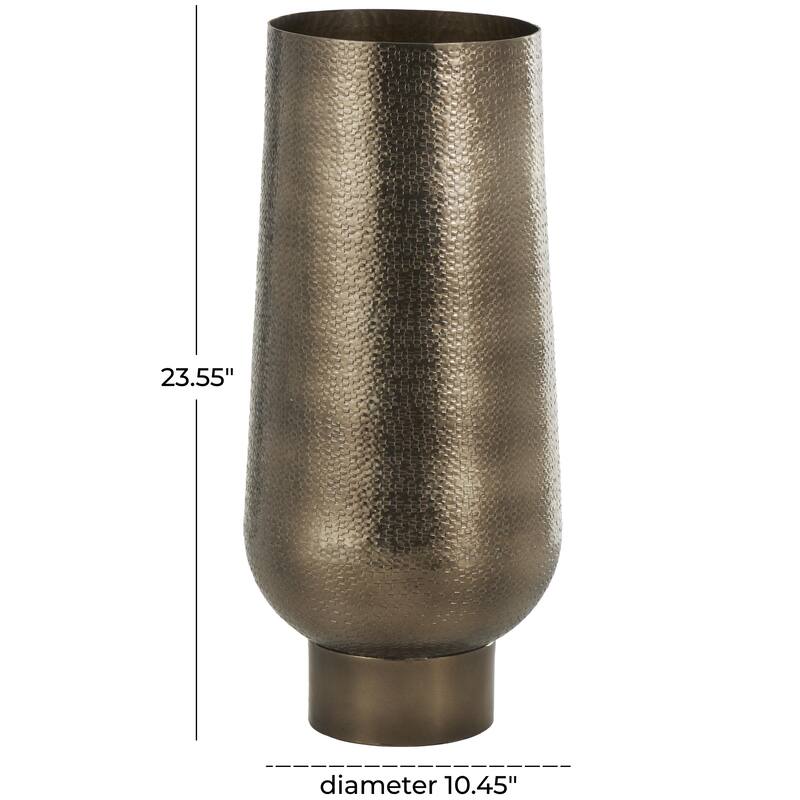 Brass Aluminum Metal Textured Wide Floor Geometric Decorative Vase with Elevated Base