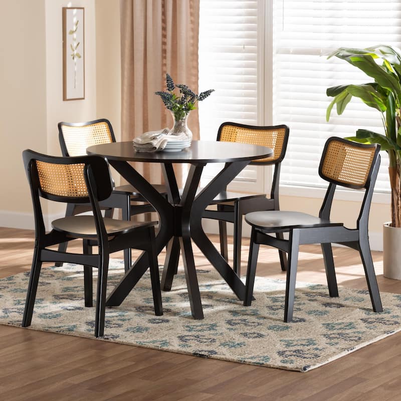 Linnet Mid-Century Wood and Rattan 5-Piece Dining Set