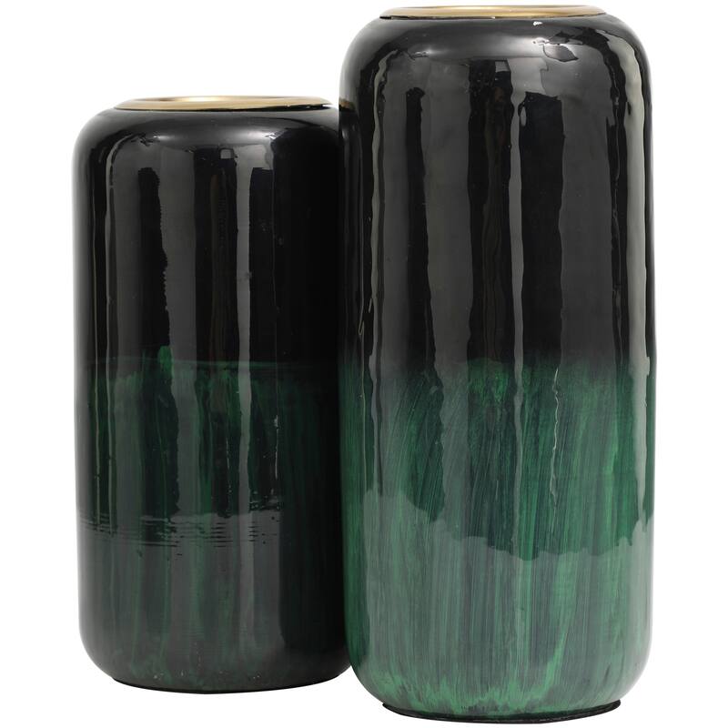 Green Metal Colorblock Abstract Decorative Vase with Paint Streak Designs and Gold Accents (Set of 2) - 13, 11"H
