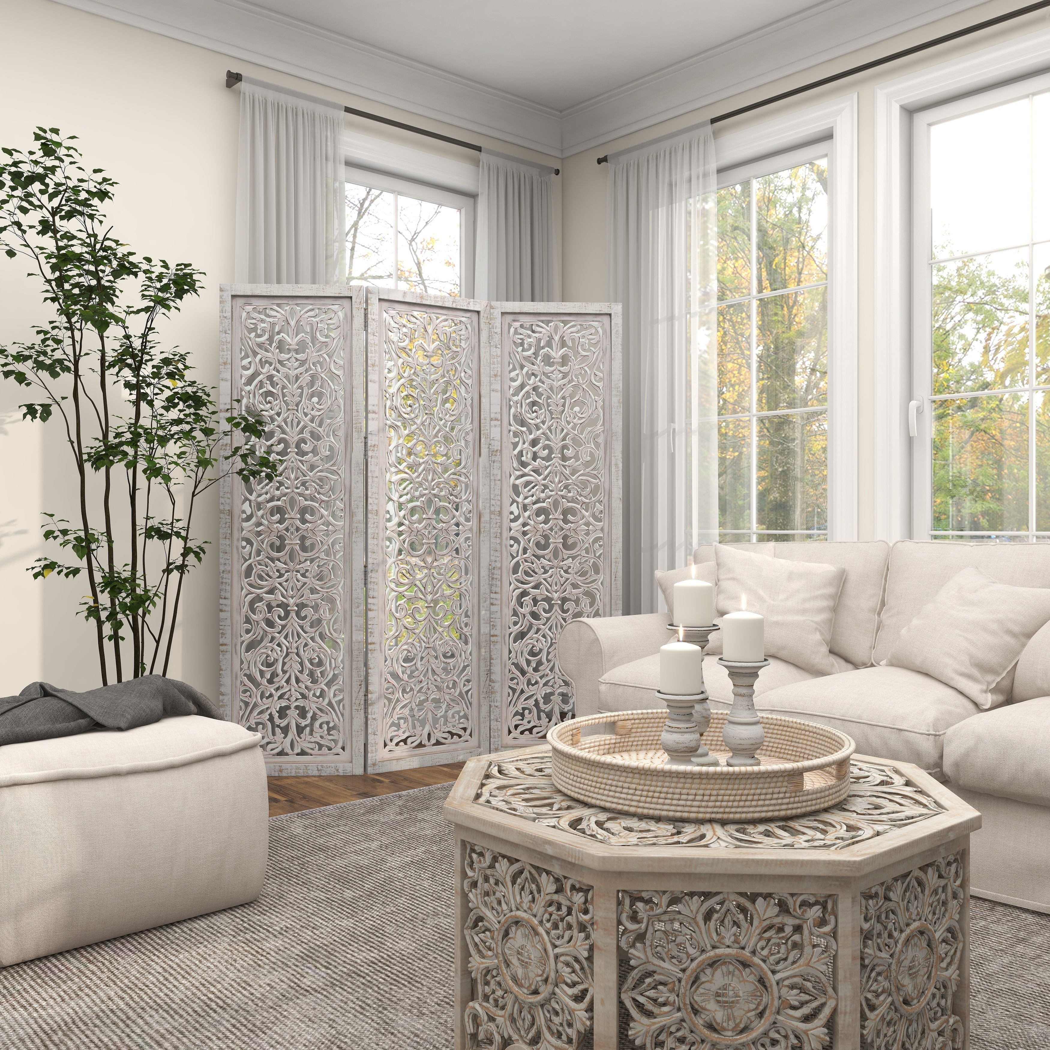 White Wooden Handmade Hinged Foldable Partition 3 Panel Floral Partition Room Divider Screen with Intricate Carved Design