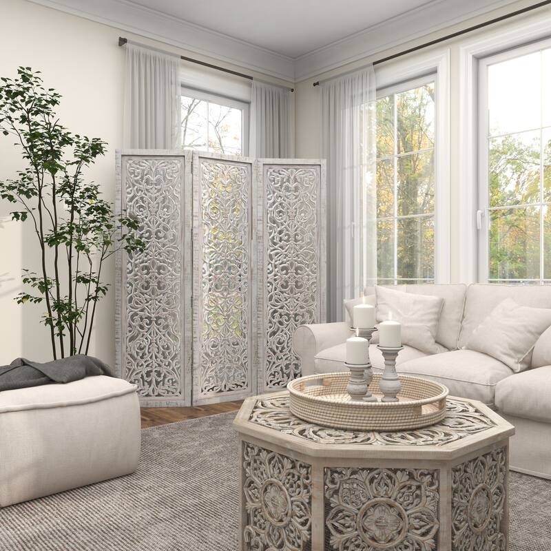 White Wooden Handmade Hinged Foldable Partition 3 Panel Floral Partition Room Divider Screen with Intricate Carved Design