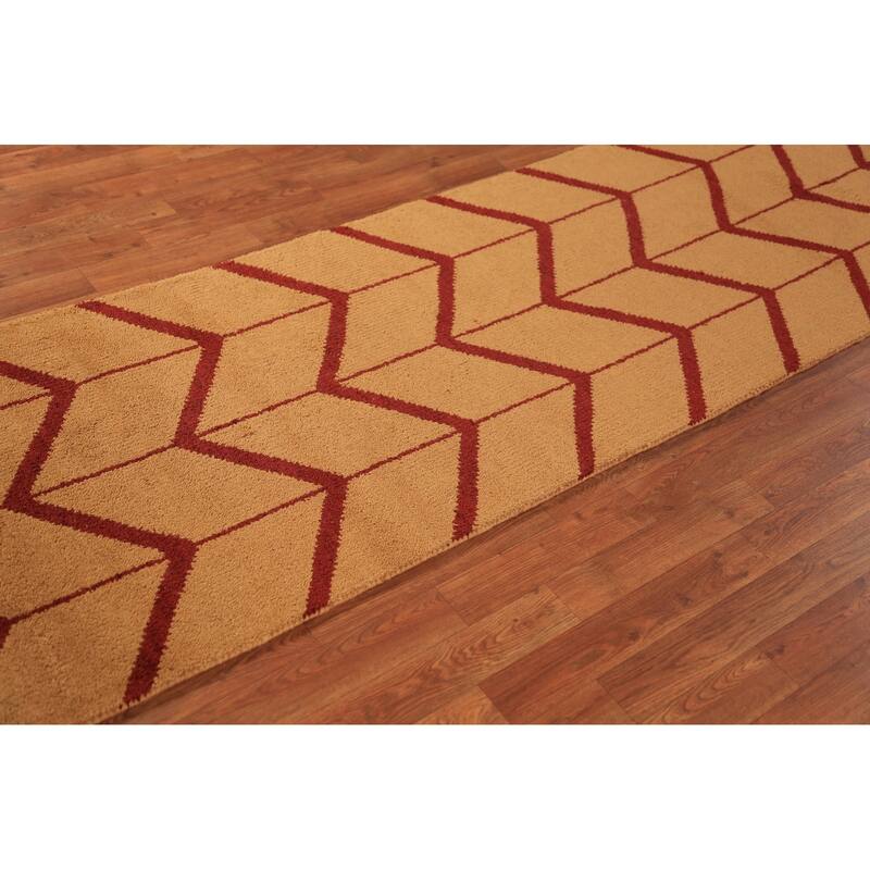 Hand Knotted Oriental 100% Wool Carpet Modern Geometric Oranges & Rust Moroccan Runner Rug - 9' 10'' X 2' 9''