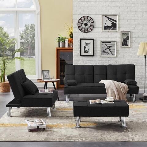 Convertible Fabric Folding Sofa Bed with 2 Cup Holders and Ottoman