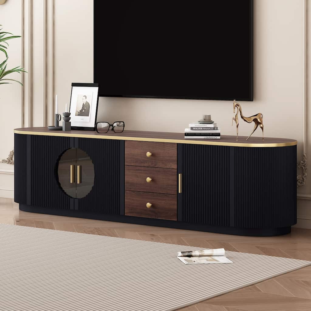 Modern Minimalist TV Stand, for TVs up to 80 Inches with 3 Drawers, Metal Handles and 2 Cabinets, for Living Rooms, Black