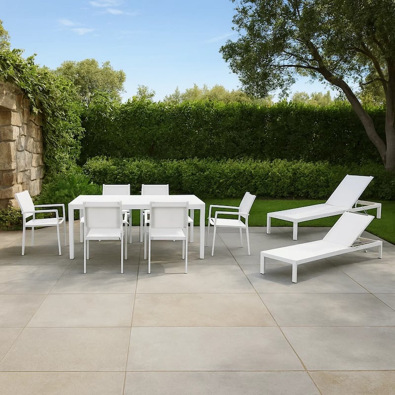 Kris 9 Piece Patio Dining and Lounge Set, White Textilene Seating, Aluminum
