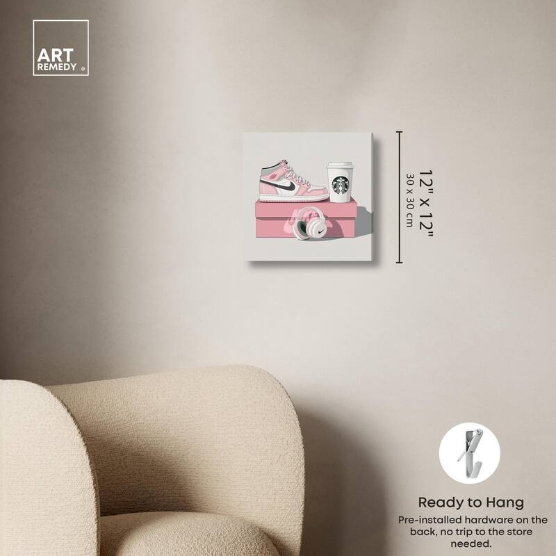Pink Sneaker and Headphones Canvas by Art Remedy, Gallery Wrapped