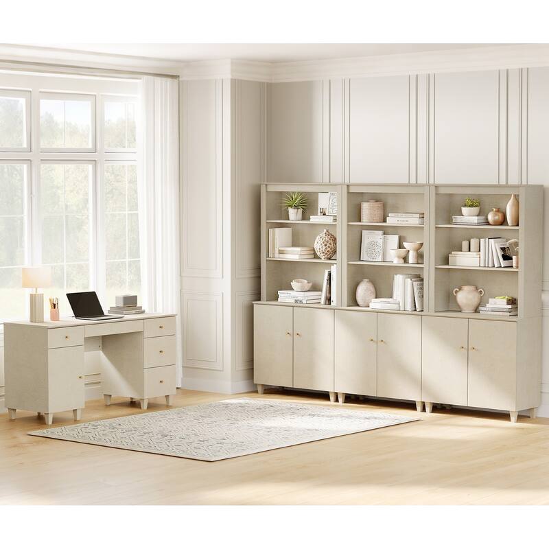 WAMPAT Home Office Furniture Set, 58" Executive Desk with Cabinet, 3-Column 71" Tall Bookcase with Doors and Adjustable Shelves - Beige Linen Printed