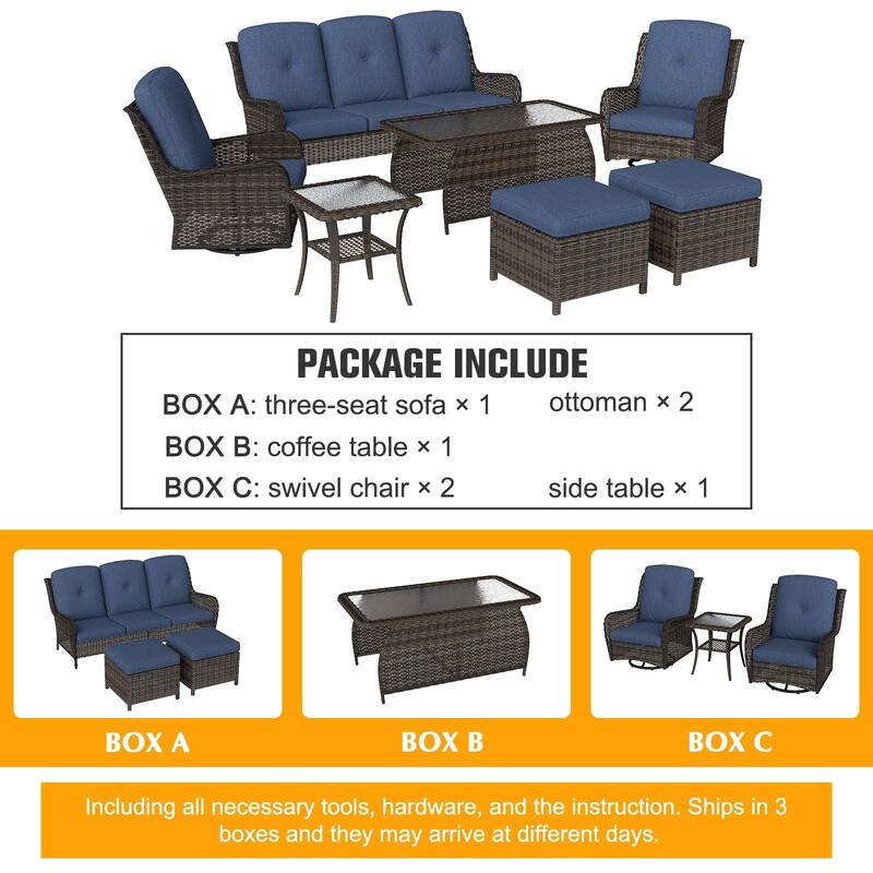 7 Pieces Patio Furniture Set with Swivel Rocking Chair, Coffee Table, Side Table for Backyard, Garden, Navy Blue/Beige/Orange
