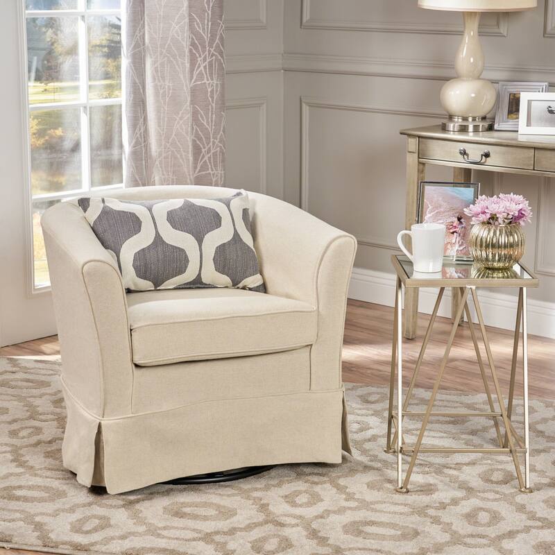 Roomfitters Houndstooth Swivel Barrel Accent Chair with Skirted Base, Upholstered Armchair for Living Room or Office