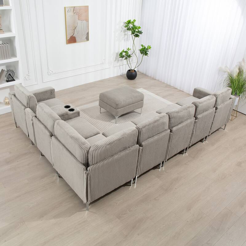 Modular Corduroy Sectional Sofa Convertible 6-Seat Couch with USB Ports, Storage Ottomans and Cup Holder for Living Room