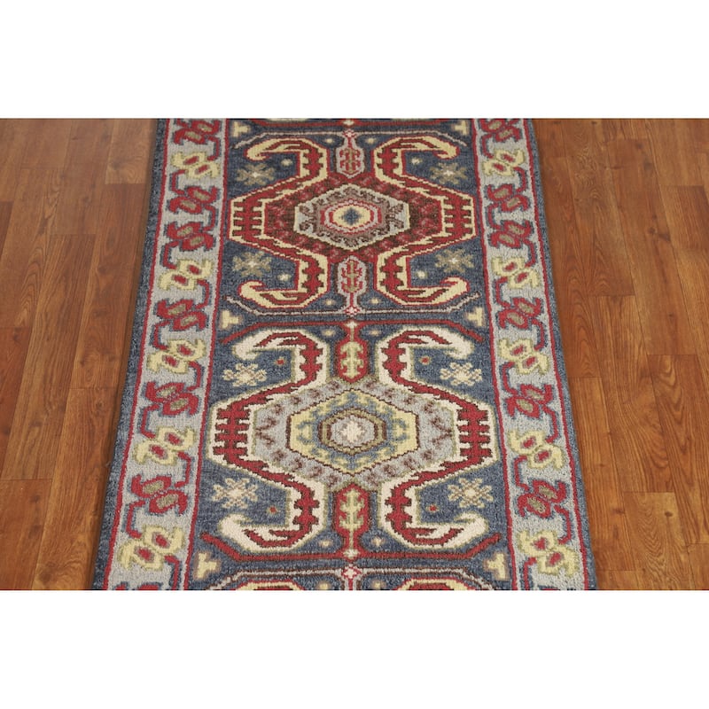 Hand Knotted Oriental 100% Wool Carpet Traditional Geometric Navy Blue & Blues Heriz (serapi) Runner Rug - 9' 10'' X 2' 6''