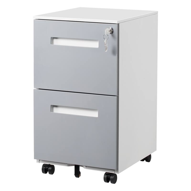 Modern Mobile Locking File Cabinet with 2 Drawers, Removable Hanging Rod and 5 Wheels, for Home Office, Gray - Grey