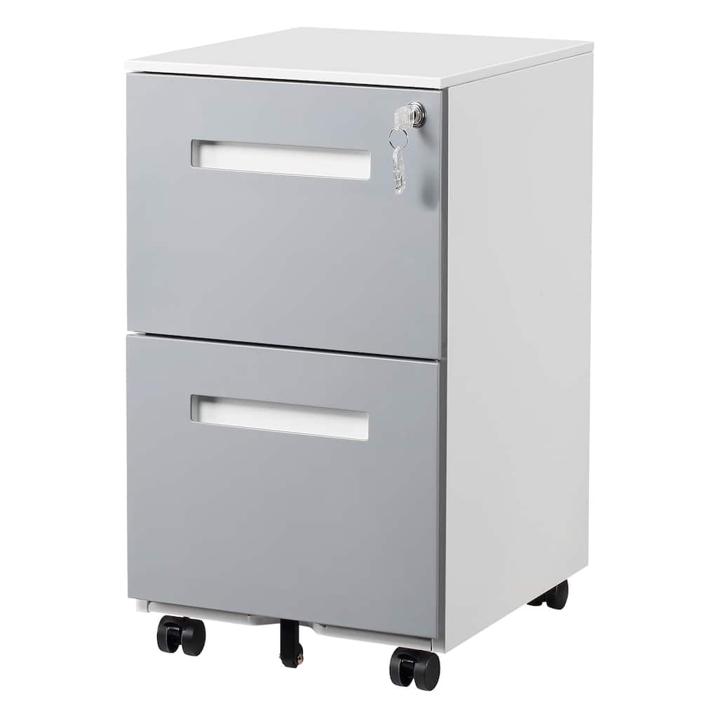 Modern Mobile Locking File Cabinet with 2 Drawers, Removable Hanging Rod and 5 Wheels, for Home Office, Gray