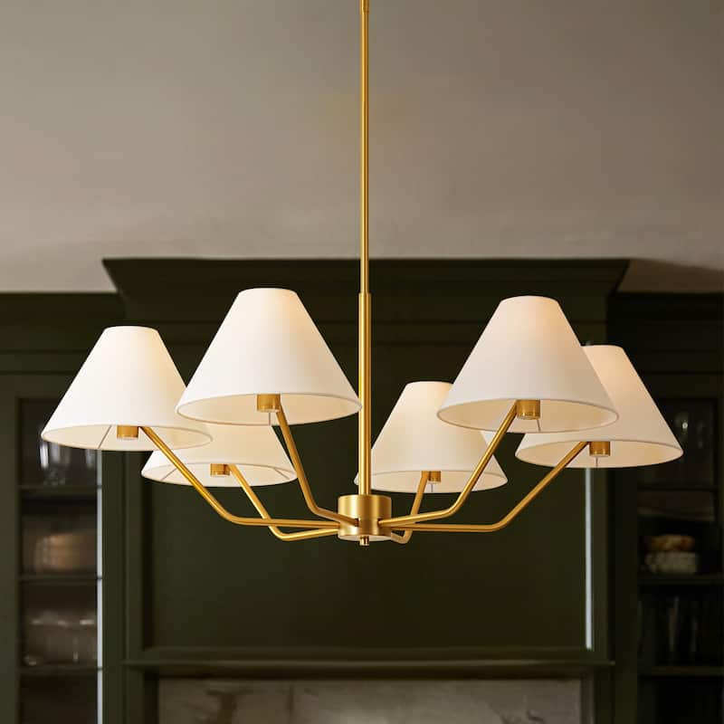 6-Light Mid-Century Modern Brass Chandelier with White Fabric Shades - Gold Finish Ceiling Light Fixture for Living Room