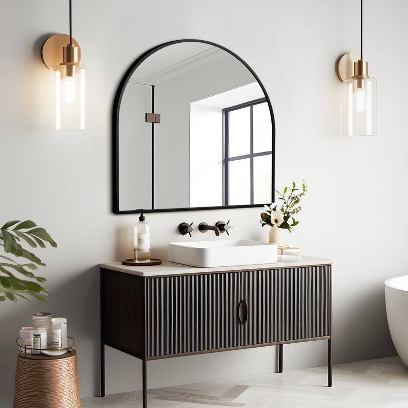 Arch Bathroom Wall Mirror Large Metal Frame Wall Mounted Mirror for Bedroom Living Room Dresser Entryway Decor - 30" x 28" - Black Arch