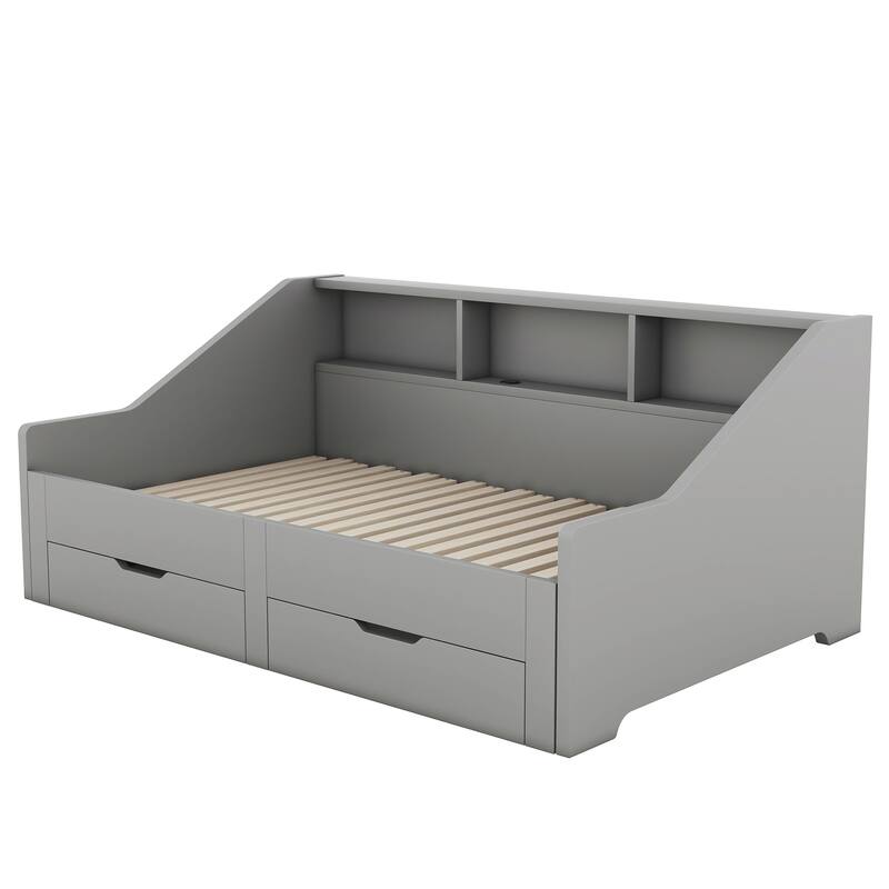 Twin to King Size Daybed Frame w/Storage Bookcases & Two Drawers, Low-Profile Trundle Bed & Storage Bed for Bedroom, Apartment