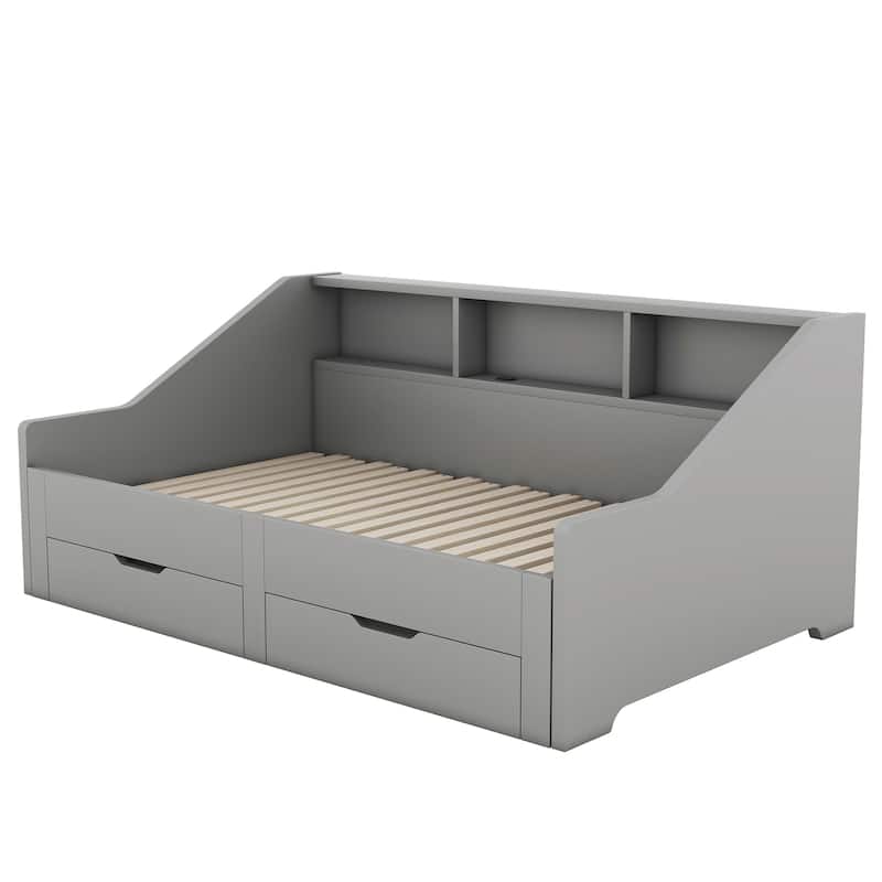 Twin to King Size Daybed Frame with Storage Bookcases and Two Drawers