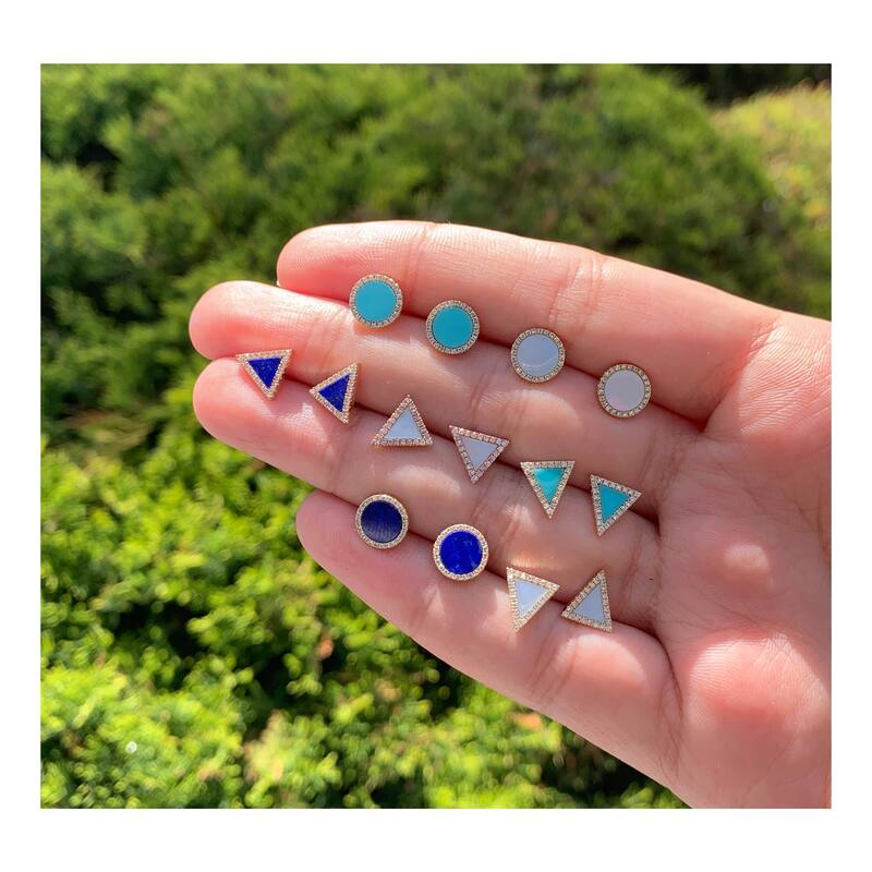 Joelle Collection Lapis and Diamond Pave Disc Circle Stud Earrings 14K Gold