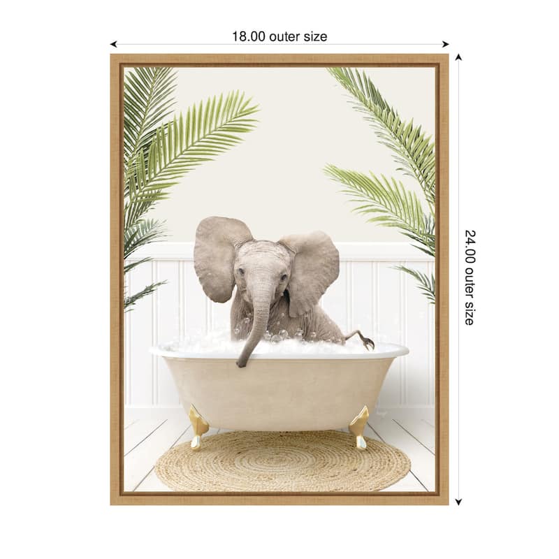 Kate and Laurel Sylvie Baby Elephant 3 in Palms Bathtub Framed Canvas by Amy Peterson