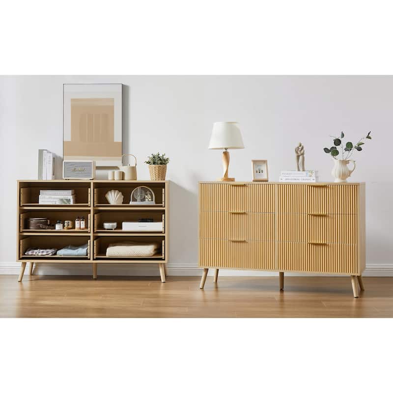 Anmytek Natural Wooden 6-Drawer Double Dresser with Wavy Drawers