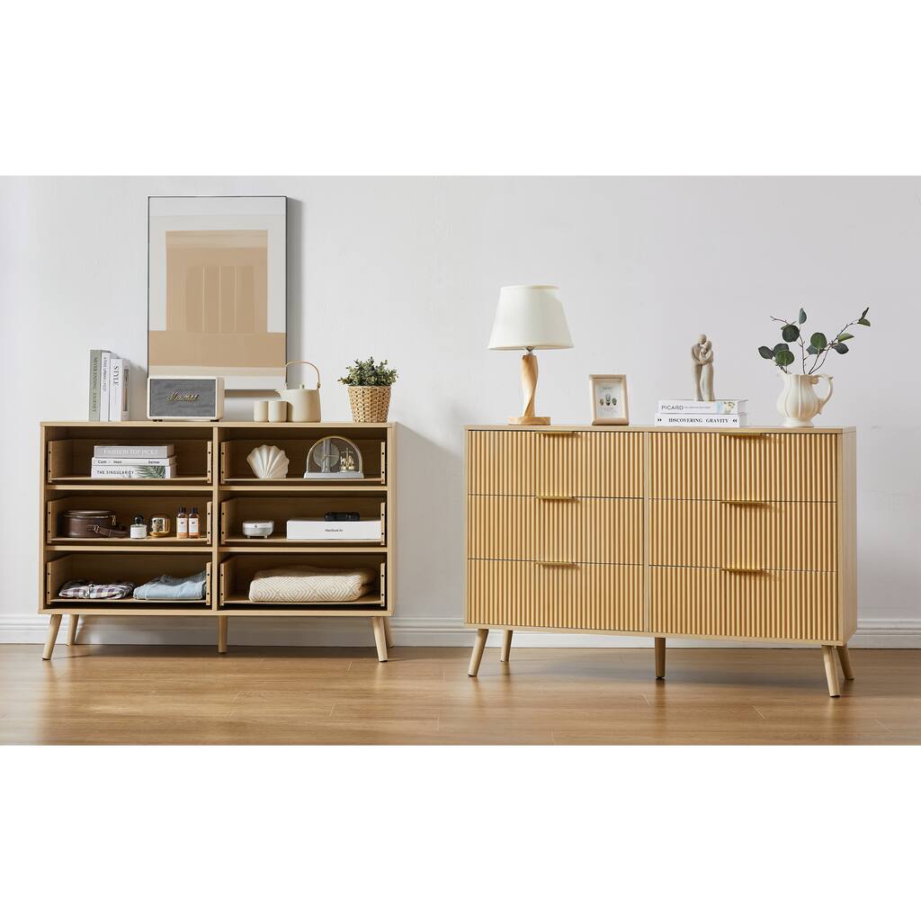 Bedroom Dresser, 6 Double Dressers with Wavy Drawers, Wooden Chest of Drawers,Natural, 47.2''W x 15.8''D x 31.7''H