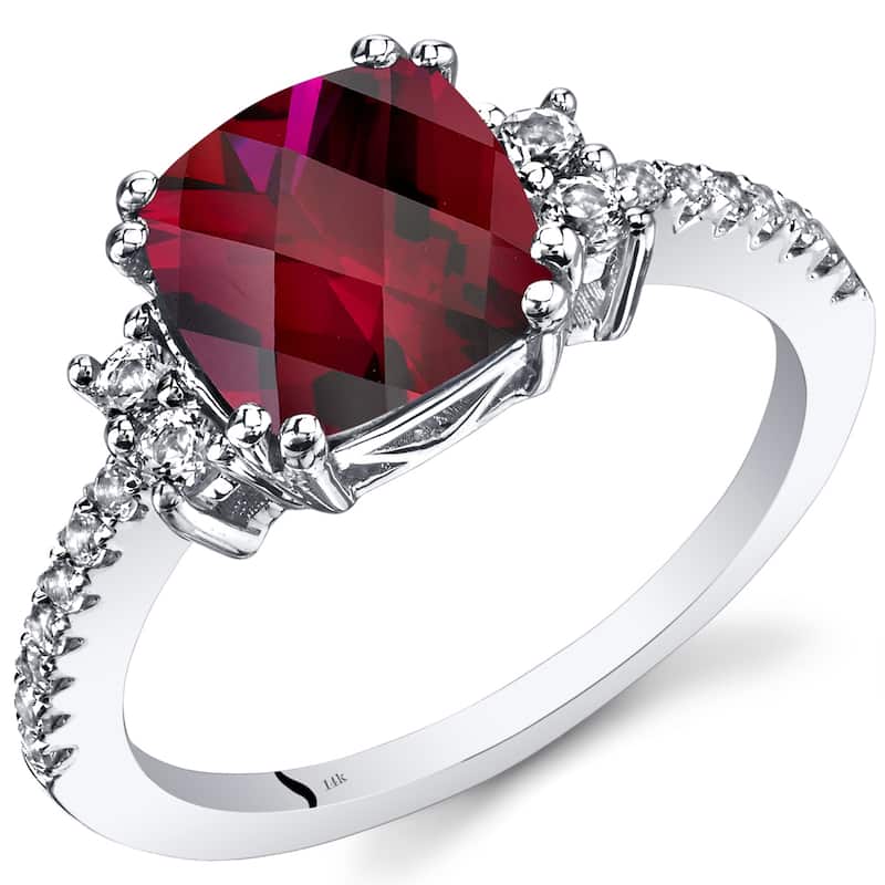 14k White Gold 3.28ct Created Ruby and White Topaz Ring