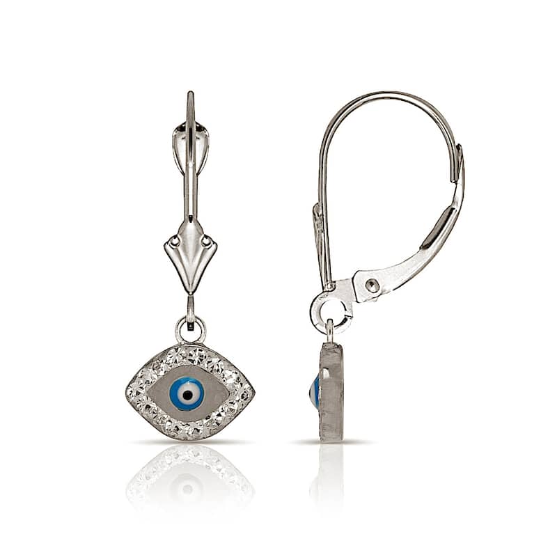 Curata 14K Gold 26x10mm Blue Enamel Cubic Zirconia Oval Evil-Eye Drop Lever Back Earrings - White - White