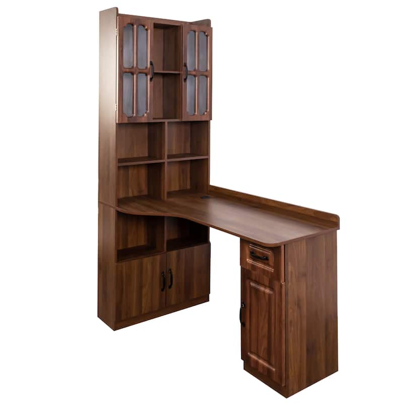L-Shaped Corner Computer Desk,Study Modern Style Table With Drawers,Bookshelf & Hutch,2-In-1 L-Shaped Design