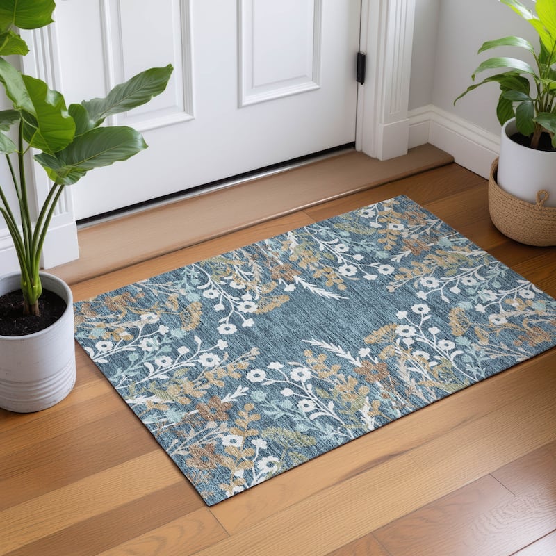 Machine Washable Indoor/ Outdoor Floral Border Chantille Rug