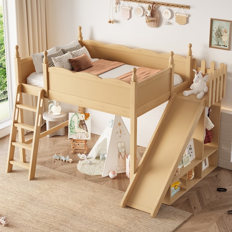Full Loft Bed with Storage Shelves and Wardrobe, Solid Wood Loft Beds with Detachable Slide and Ladders, No Spring Box Needed - Natural