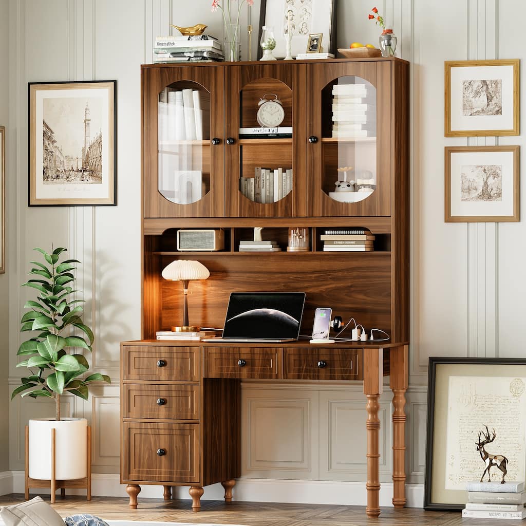 47"Retro Desk with Charging Ports and Hutch Cabinet, Office Desk with 5 Storage Drawers and Transparent Glass-Door Bookshelf