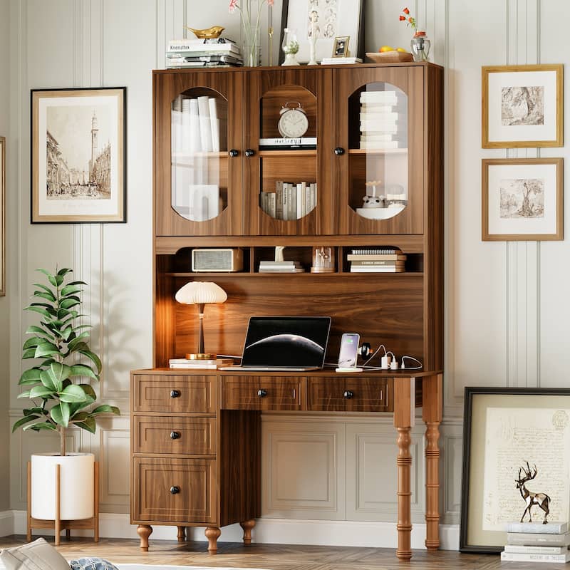Retro Office Desk Executive Computer Desk with Charging Ports & Hutch, 5 Storage Drawers, Glass-Door Bookshelf - Walnut