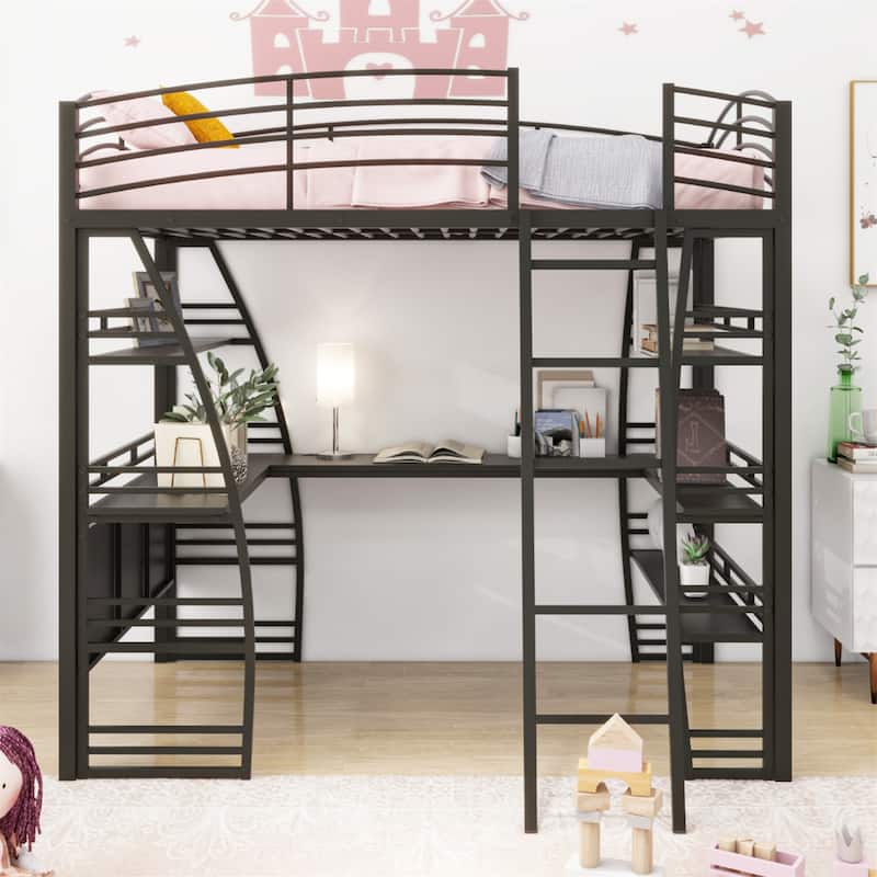 Full Size Loft Bed with 4 Layers of Shelves and L Shaped Desk - Black