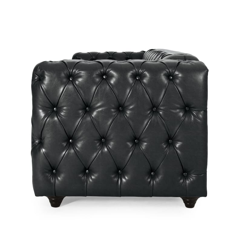 Faux Leather Button Tufted 3-seater Sofa with Wood Legs