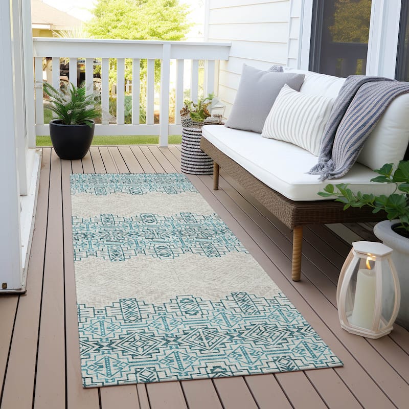 Machine Washable Indoor/ Outdoor Moroccan Boho Chantille Rug - Teal - 2'3" x 7'6"