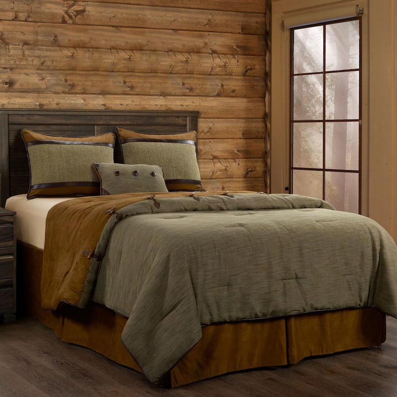 Paseo Road Highland Lodge Olive Brown Rustic Bedding 5 Piece Comforter Set with Bed Skirt, Shams, & Accent Pillow