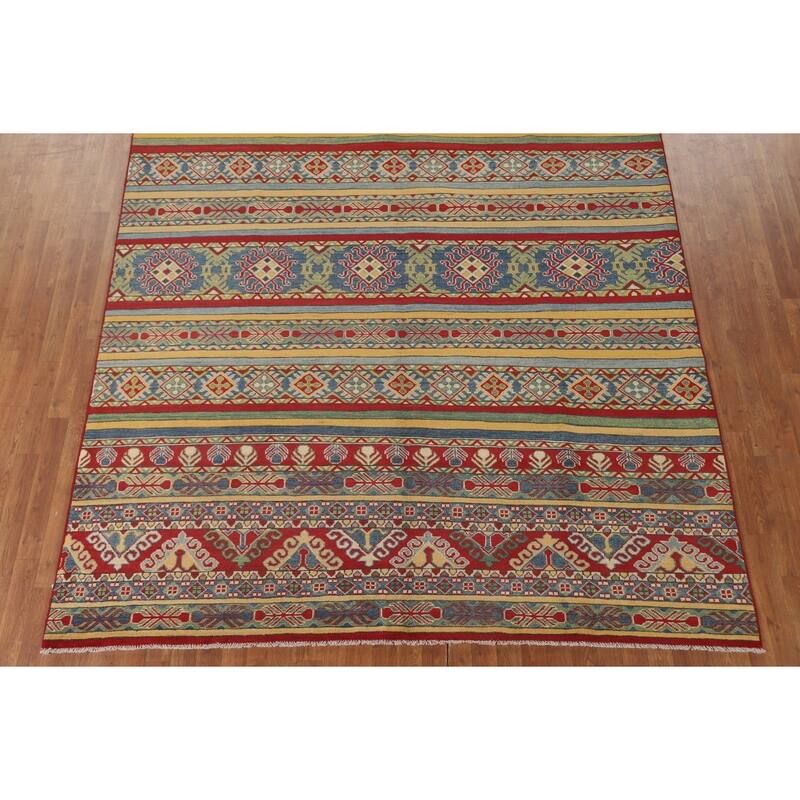 Striped Kazak Oriental Area Rug Wool Carpet - 7'11" x 10'3"