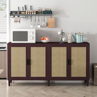 70" Rattan Buffet Cabinet with Storage, 4-Door Sideboard Buffet Cabinet with Adjustable Shelves
