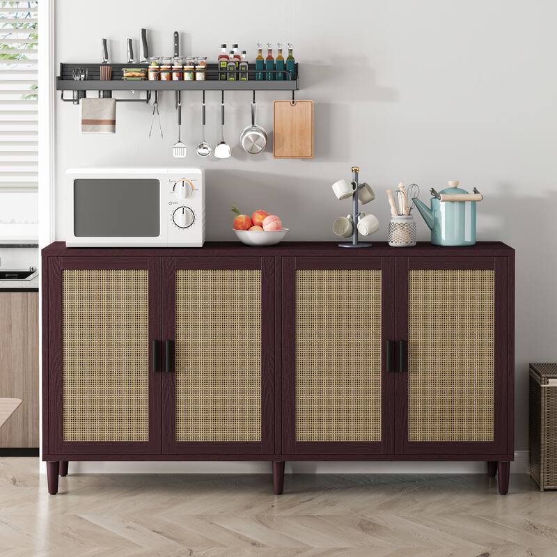 Rattan Sideboard Buffet Cabinet, 70" Storage Cabinet with Adjustable Shelves, Farmhouse Credenza Coffee Bar Cabinets w/ 4 Doors聽 - Brown