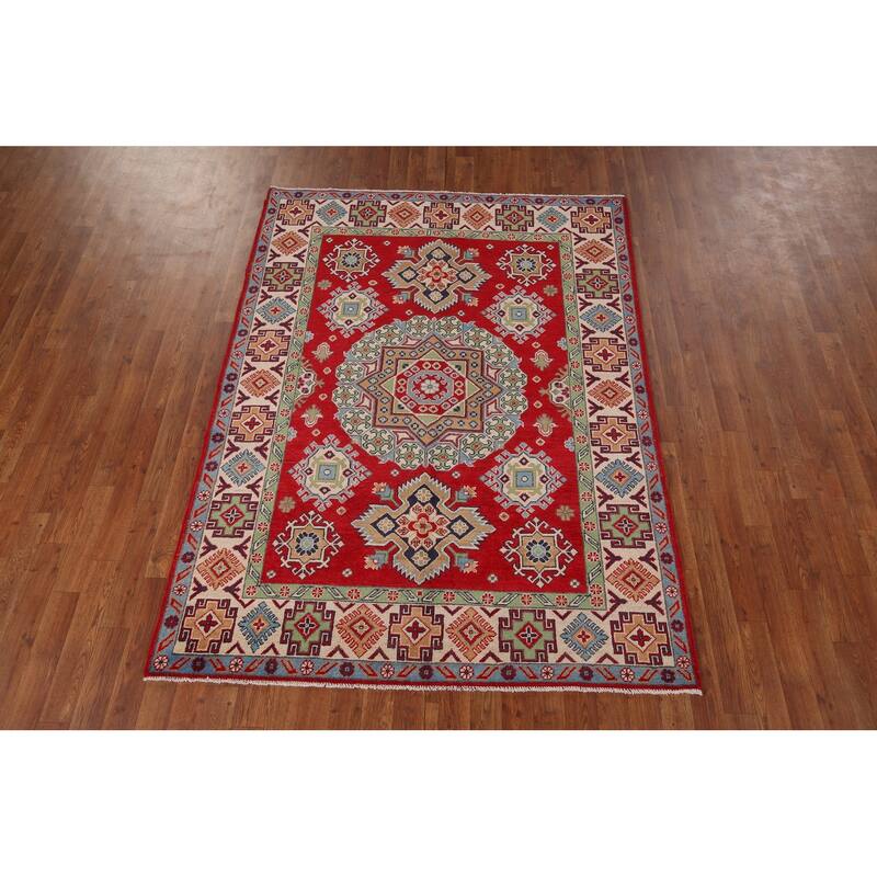 Traditional Red Kazak Area Rug Hand-Knotted Wool Carpet - 5'0" x 6'9"