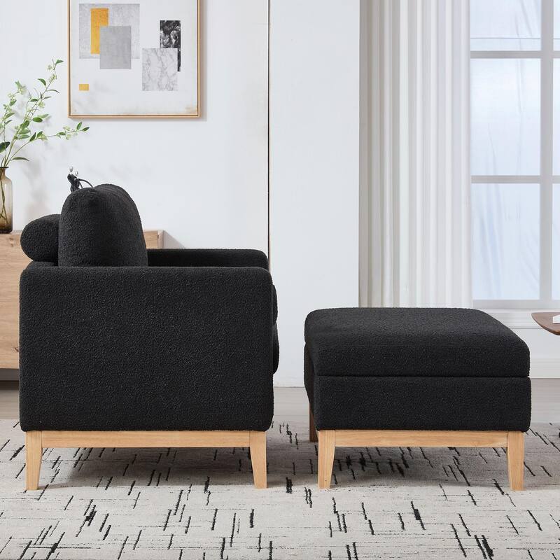 Boucle Armchair with Storage Ottoman - 300lb Capacity, Farmhouse Style