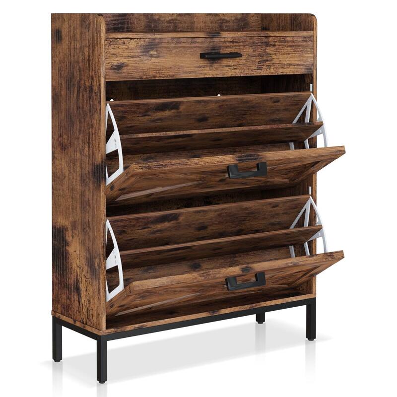 Mieres Rustic Brown Wooden 12 Pair Shoe Storage Cabinet with Flip Drawer, Entryway Organizer - 2-Tier