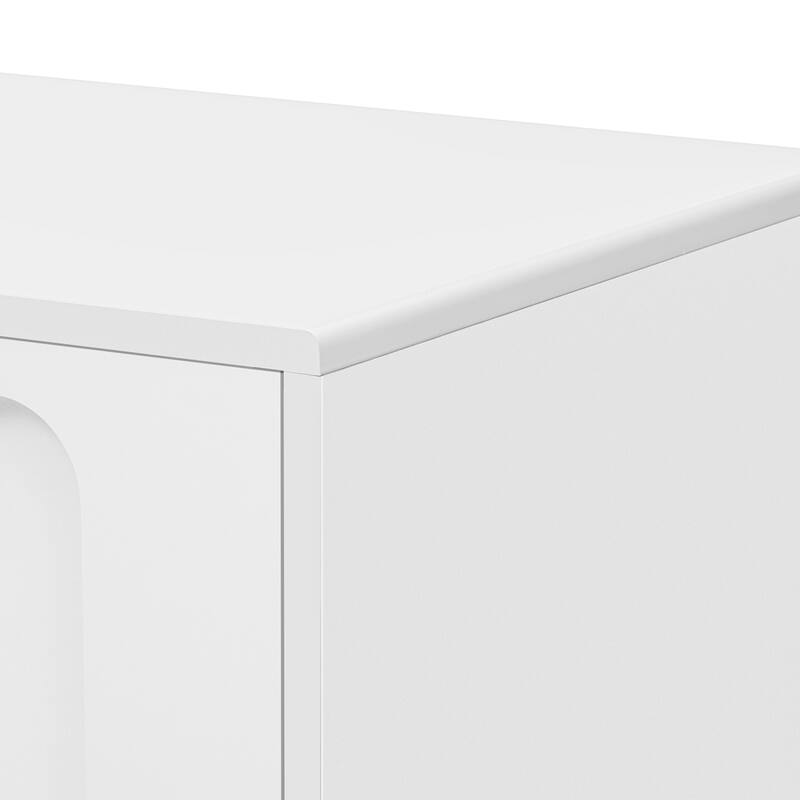 Contemporary TV Stand for 80-Inch TV, Wood Storage Cabinet with Glass Doors, 2 Drawers, and Solid Wood Legs